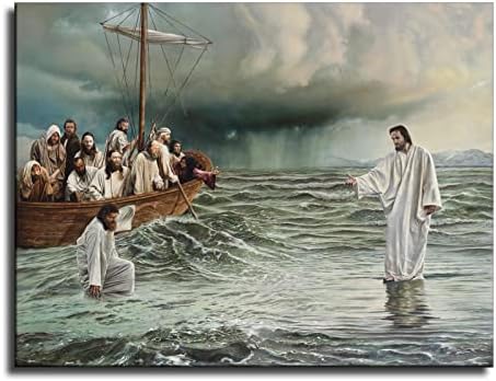 ישוע המשיח הולך על פוסטר המים עיצוב הבית צביעת בד.