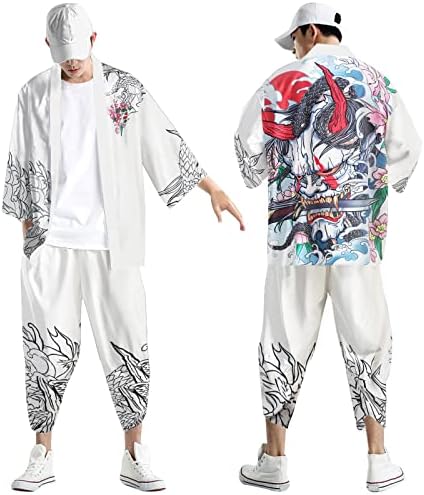 קירדיגן יפני של גברים יפנית סט קרדיגן מעיל קדמי פתוח רופף עם מכנסיים קצוצים בסגנון סיני חליפות מזדמנים מודפסות