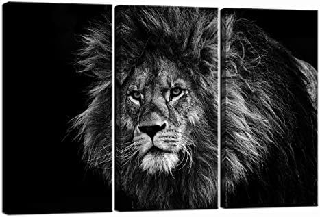 Levvarts Lion Canvas קיר אמנות קיר בשחור לבן ציור בעלי חיים בד הדפס תמונה של בעלי חיים בר מודרני 3 יצירות אמנות למשרד הביתי עיצוב קיר עיצוב גלריית גלריית גלריית מוכנה לתלייה 16x32x3