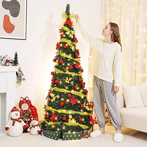 Decoway 6 ft מואר לפני עץ חג המולד מעוטר מראש עץ חג המולד עץ חג המולד עם קישוטים ואורות חמים בהובלת 200, זהב אדום