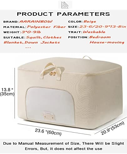 AarainBow 3 חבילות שקיות אחסון גדולות בגדים גדולים, שקיות אחסון שמיכה מתקפלות עם רוכסן יציב, מיכלי אחסון לשמיכה של שמיכה, תיקים נעים עם ידיות מזוינות, 92L