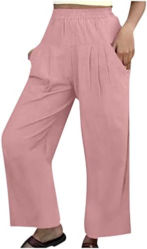 פשתן נשים כותנה מכנסי רגל רחבים רחבים מכווצים מותניים גבוהים כיסים צדדיים צבע טרקלין מכנסי מכנסי פלאצו טהורים