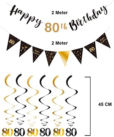 ערכת קישוט יום הולדת 80, שמחה של יום הולדת 80 באנר של יום הולדת מערבולת מערבולות, דגל משולש באנר לקישוטים למסיבות יום הולדת אספקת שחור וזהב 80
