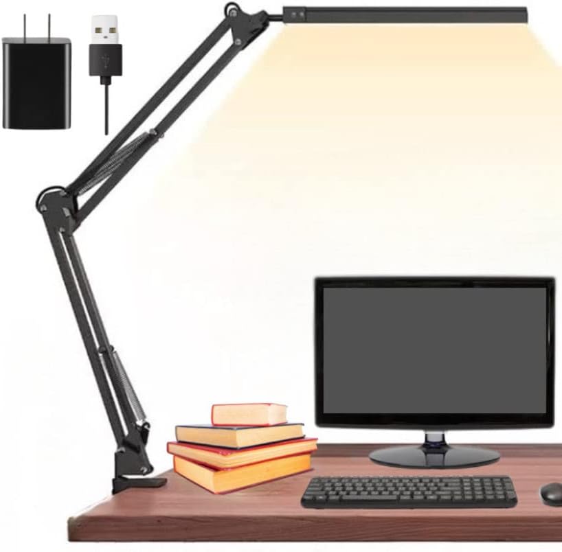 מנורת שולחן LED של גלוטרסול עם מהדק, אור שולחן בהיר גדול, מנורת שולחן אכפתיות של זרוע נדנדה, קליפ מתאם USB מתקפל לעמום 360 מעלות.
