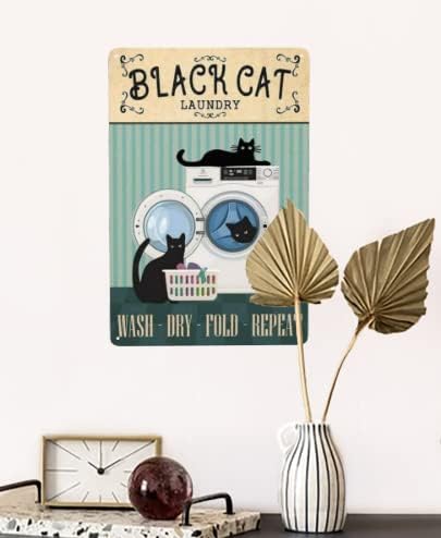 שחור חתול כביסה לשטוף יבש פי חוזר כביסה חדר תפאורה בית תפאורה מתכת פח סימן בציר אמבטיה כרזות קיר פלאק רטרו אמנות פח סימן 8 * 12 אינץ