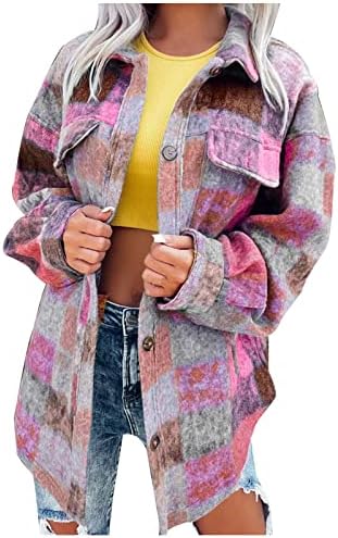 חולצות צמר דנורי לנשים שרוול ארוך סתיו חורף מעילים משובצים צבעוניים כפתור מזדמן מעיל מעיל מעיל צמר לילדה נוער