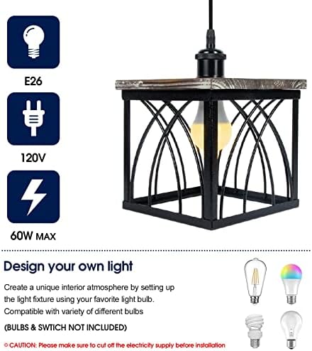 J Jackcube Design Farmhouse Light Light, מתקן תאורה תלוי מתכת עם עץ כפרי לתקרה, אי מטבח, חדר שינה, אולם אוכל - MK630A