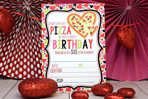 פיצה חמודה בצורת לב הזמנות למסיבת יום הולדת עם ילדים, 20 5 x7 מלא קלפים עם עשרים מעטפות לבנות על ידי AmandAction