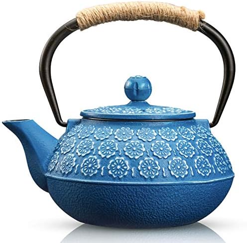 קומקום ברזל יצוק של סוטיא, 30oz/900 מל סיר תה טטסובין יפני עם חומר עולה לשקיות עלים ותה, קומקום תה מצופה בפנים אמייל לחלק העליון, כחול כהה