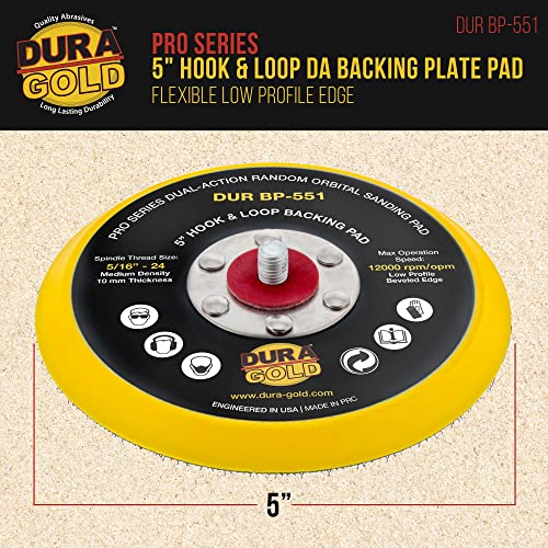 Dura -Gold Pro Series 5 Hook & Loop Da Plate Plate כרית - קצה פרופיל נמוך, צפיפות בינונית, כרית מלטש מסלולית אקראית אקראית, 5/16 - 24 חוטים - ללטש סנדר אוטומטי נייר זכוכית עץ