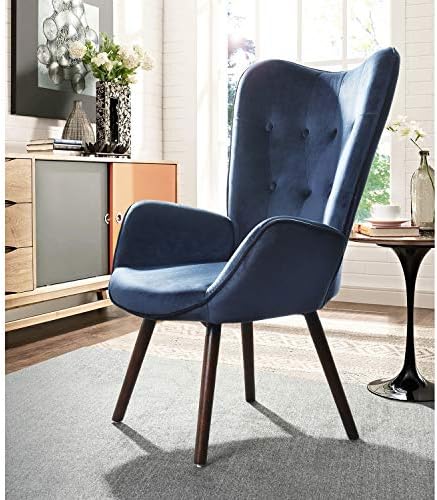 ריהוט מודרני טרקליני קטיפה כורסא מצויצת עם ריפוד שולחן גב גבוה, רגליים מעץ מלא לסלון חדר שינה חדר המתנה כיסא מבטא פנאי, כחול