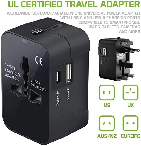 Travel USB פלוס מתאם כוח בינלאומי תואם ל- Celkon A40 לכוח עולמי לשלושה מכשירים USB Typec, USB-A לנסוע בין ארהב/האיחוד האירופי/AUS/NZ/UK/CN