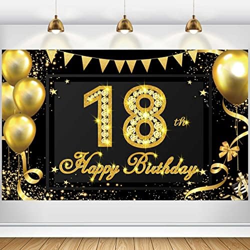 AUBAO שמח קישוט יום הולדת 18 באנר -18 קישוטי יום הולדת בן 18 תפאורה לנשים גברים בנים - שחור וזהב