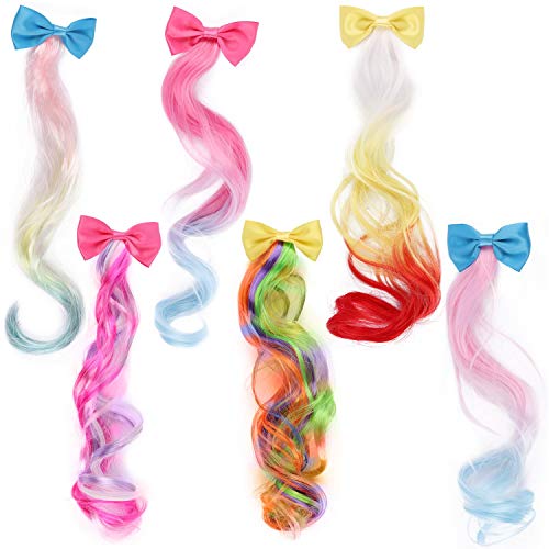 6 יחידות צבעוני ילדים שיער הרחבות עם חמוד קליפים קשתות לילדות קטנות פעוט מסיבת יום הולדת שיער אבזרים