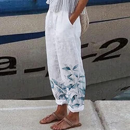 מכנסי טרנינג פשתן של Oplxuo לנשים עם כיסים בוהו הדפס פרחוני מכנסיים ארוכים מכנסיים אימון מקרי קיץ חוף מסר חוף