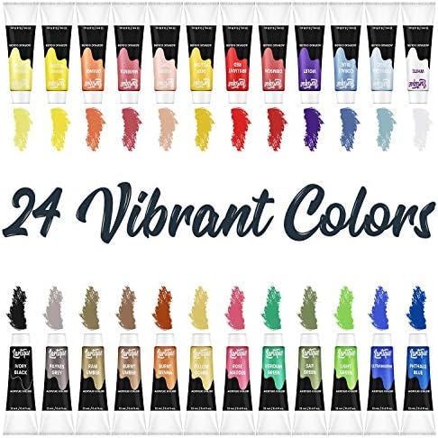 ערכת צבע אקרילית של LARTIQUE לאמנים ומתחילים - 24 צינורות צבעי צבע אקריליים, 3 מברשות צבע ופלטת ערבוב צבע פלסטיק - ציוד אמנות מקצועי לבד, עץ, קרמיקה, בד