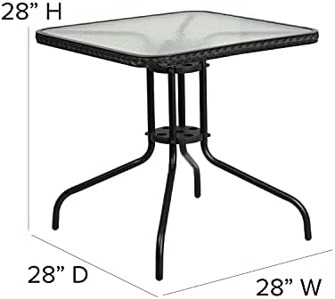 ריהוט פלאש Barker 28 '' שולחן מתכת זכוכית מחוסמת מרובעת עם שולי ראטן שחורים