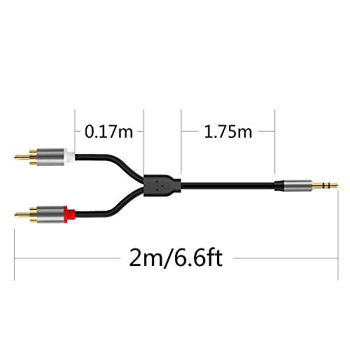 3.5 ממ זכר עד 2 RCA כבל אודיו סטריאו ג'ק זכר, 6.6ft/2m 2 RCA y כבל מפצל מצופה זהב מצופה, לרמקול טלפון חכם MP3 נגן טאבלט