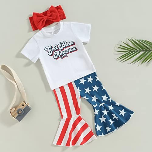4 ביולי פעוטות תלבושות תינוקות תלבושות מכתב הדפס חולצת חולצת כוכב מכנסיים מפוספסים מכנסיים בכיסוי סט דגל אמריקאי