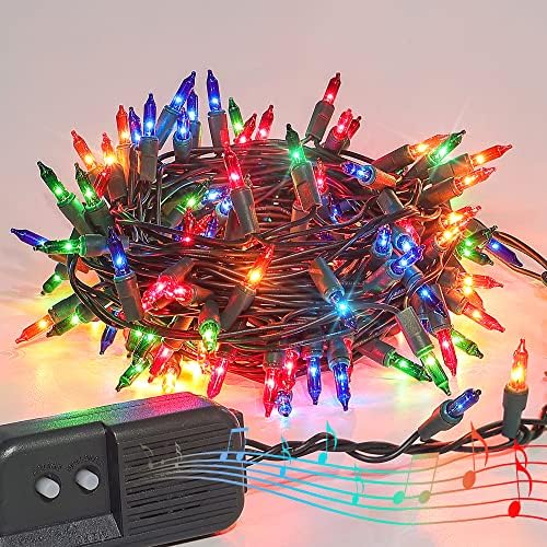 גילבינס 140 נורות אטומות למים לשימוש חיצוני אורות חג מולד מוזיקליים מרובי צבעים - מנגן 25 שירי חג קלאסיים - 8 פונקציות צ'ייסר ירוק חוט 2 שטח בין מתג נורות מאפשר להשתיק מוזיקה