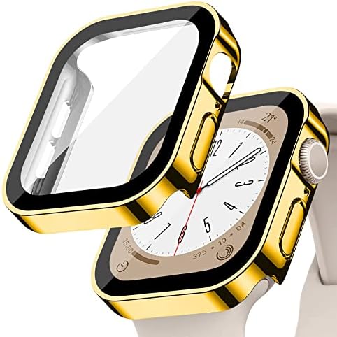 למארז Apple Watch 44 ממ, נרתיק קשה עם מגן מסך זכוכית מחוסמת, כיסוי צפייה עבור Apple Watch SE 6 5 4 מגן מסך, מארז אטום למים עמיד במיוחד, זהב
