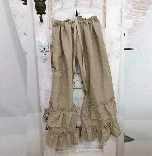 מכנסי כיס רופפים פרועים של נשים מזדמנים פלוס פשתן כותנה בגודל מכנסיים רגל רחבה צבע מוצק שולי אלסטי מותניים מכנסיים מותניים