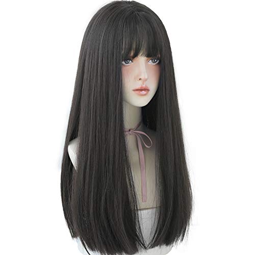 22 סנטימטרים ארוך שיער פאה עבור נשים שחור סינטטי שיער טבעי ארוך ישר פאה עם פוני המפלגה פאת קוספליי עבור ילדה