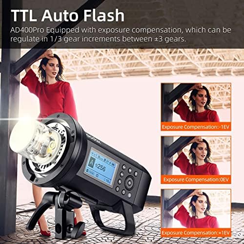 Godox AD400 Pro AD400PRO Strobe Flash חיצוני, 400WS 1/8000S HSS TTL All-in-One פלאש חיצוני, 390 כוח מלא פופ מונוליט עם Godox Xproii-S TTL Flash Trigger תואם למצלמה Sony