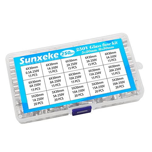 Sunxeke 250 pcs 250V נתיכים ערכת מגוון נתיך מזכוכית מהירה ו- N1-037