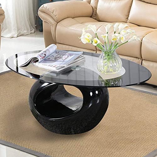 מקורי שחור סגלגל זכוכית קפה שולחן עם עגול חלול בסיס - מודרני סוף צד קפה שולחן לבית סלון ריהוט