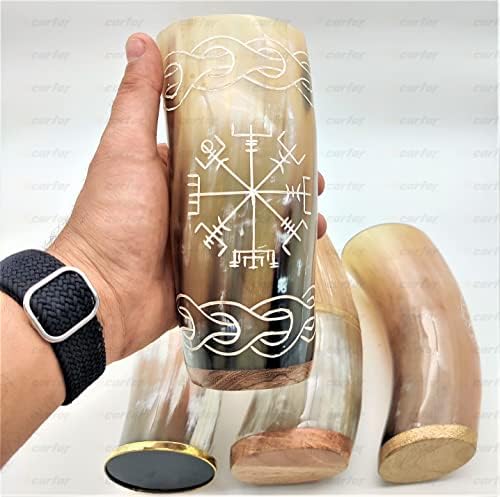 קרפר עבודות יד רויאל ויקינג שתיית הורן כוס קומבו סט של 4 עם עץ בסיס זכוכית עבור מיד, אייל ובירה