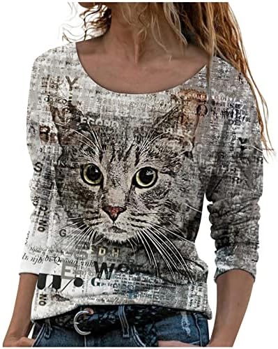 חולצות צוואר סירה אפורות נשים שרוול ארוך עיתון חתול עיתון טוניקות רזה בראנץ 'חולצות קוואי חולצות חולצות חולצות נערות נערות