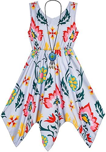 סאני אופנה בנות שמלת פרח הדפסת ממחטת מכפלת נסיכת גודל 7-14